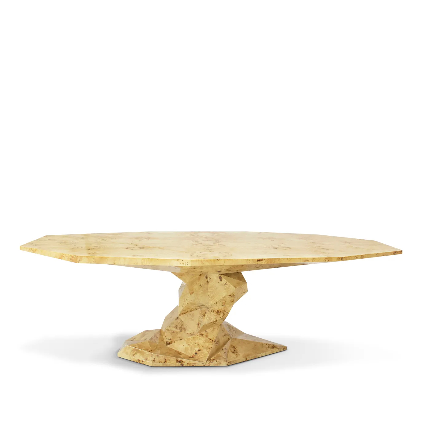 Bonsai Poplar Root Dining Table with a natural stone top and geometric, textured base.