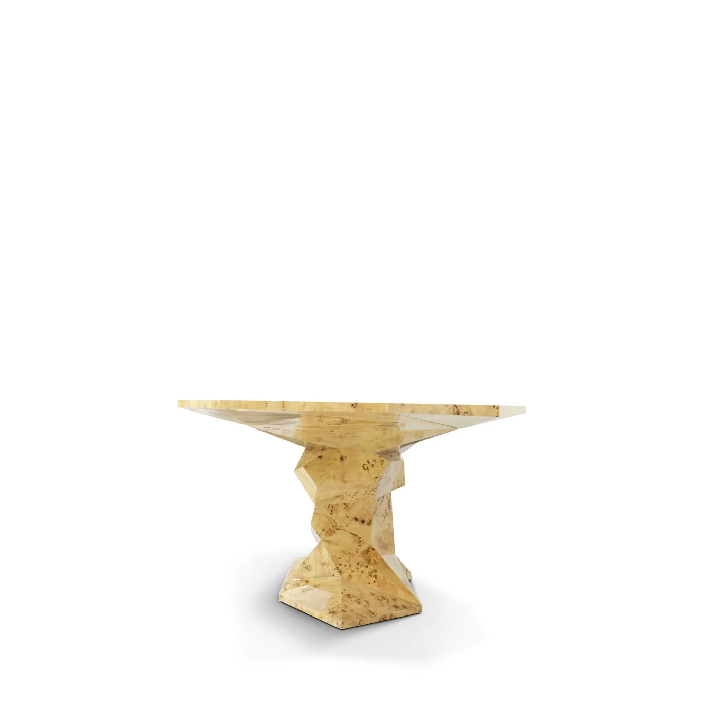 Side view of Bonsai Poplar Root Dining Table, showing natural stone top and geometric base.