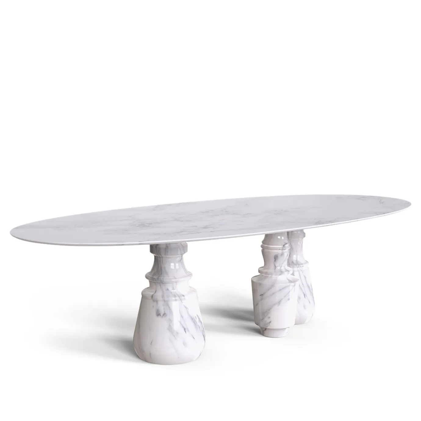 Pietra Oval XL Estremoz Dining Table on a white background, showcasing its smooth stone base and elegant design.