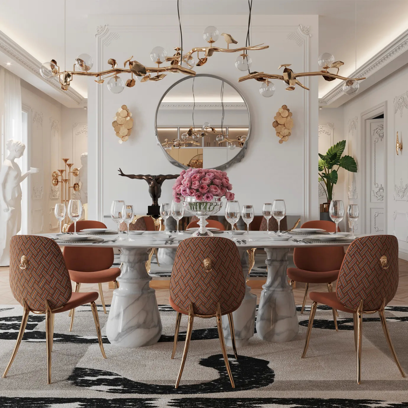 Pietra Oval XL Estremoz Dining Table in a luxurious dining room with chandelier, modern art, and elegant decor.