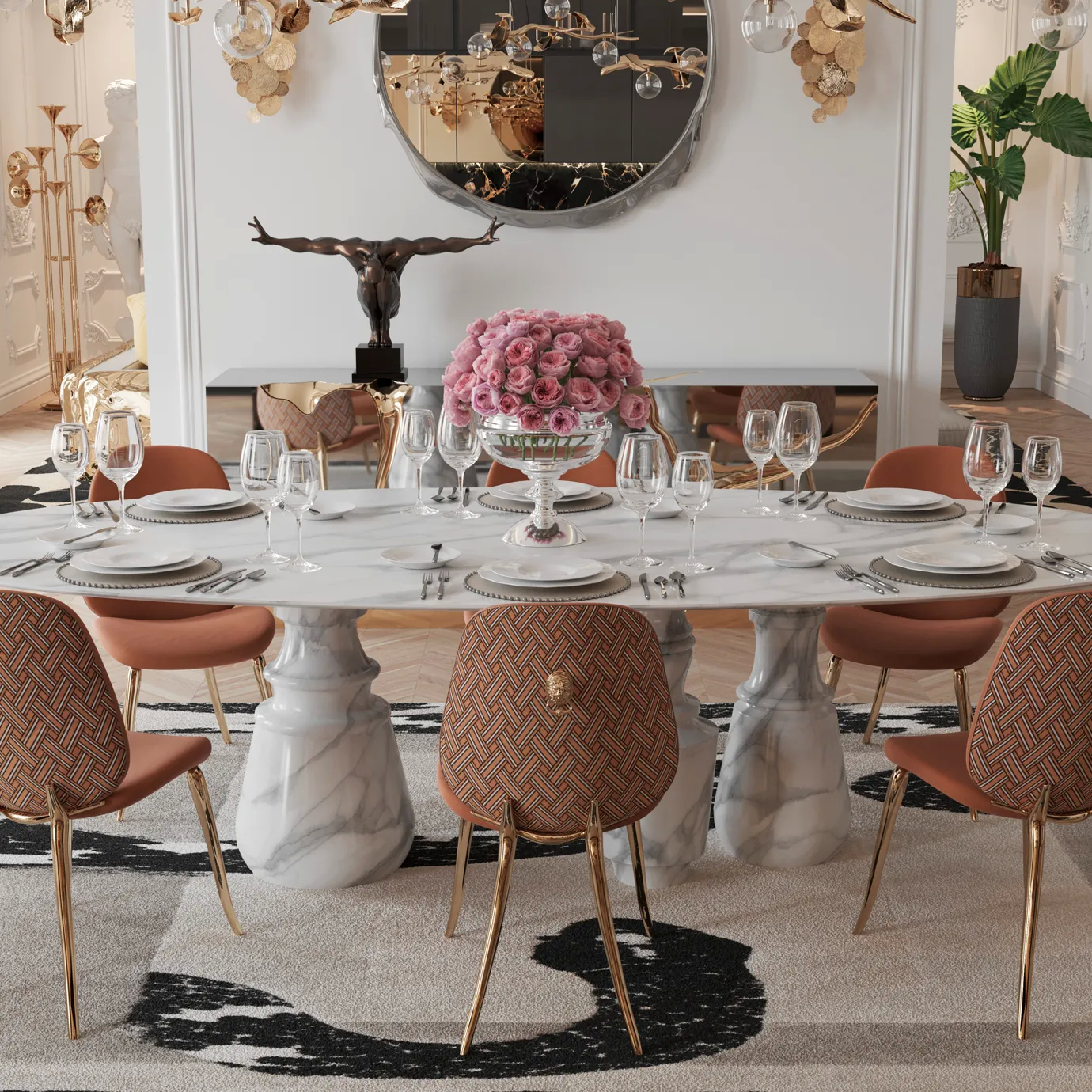 Close-up of the smooth stone base of the Pietra Oval XL Estremoz Dining Table, highlighting its elegant, sculptural design.