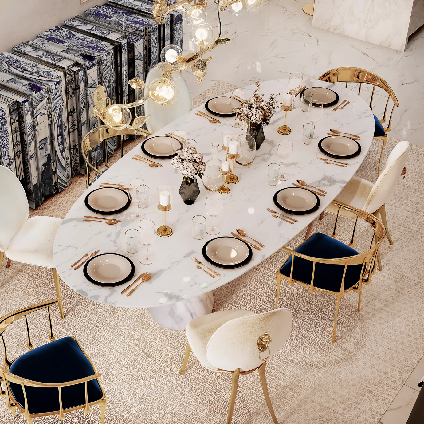 Pietra Oval XL Estremoz Dining Table in a luxury dining room with marble top, gold accents, and modern decor.