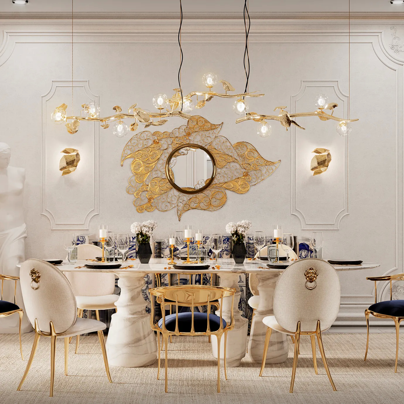 Luxurious dining room with Pietra Oval XL Estremoz Dining Table, gold chandelier, and elegant decor.