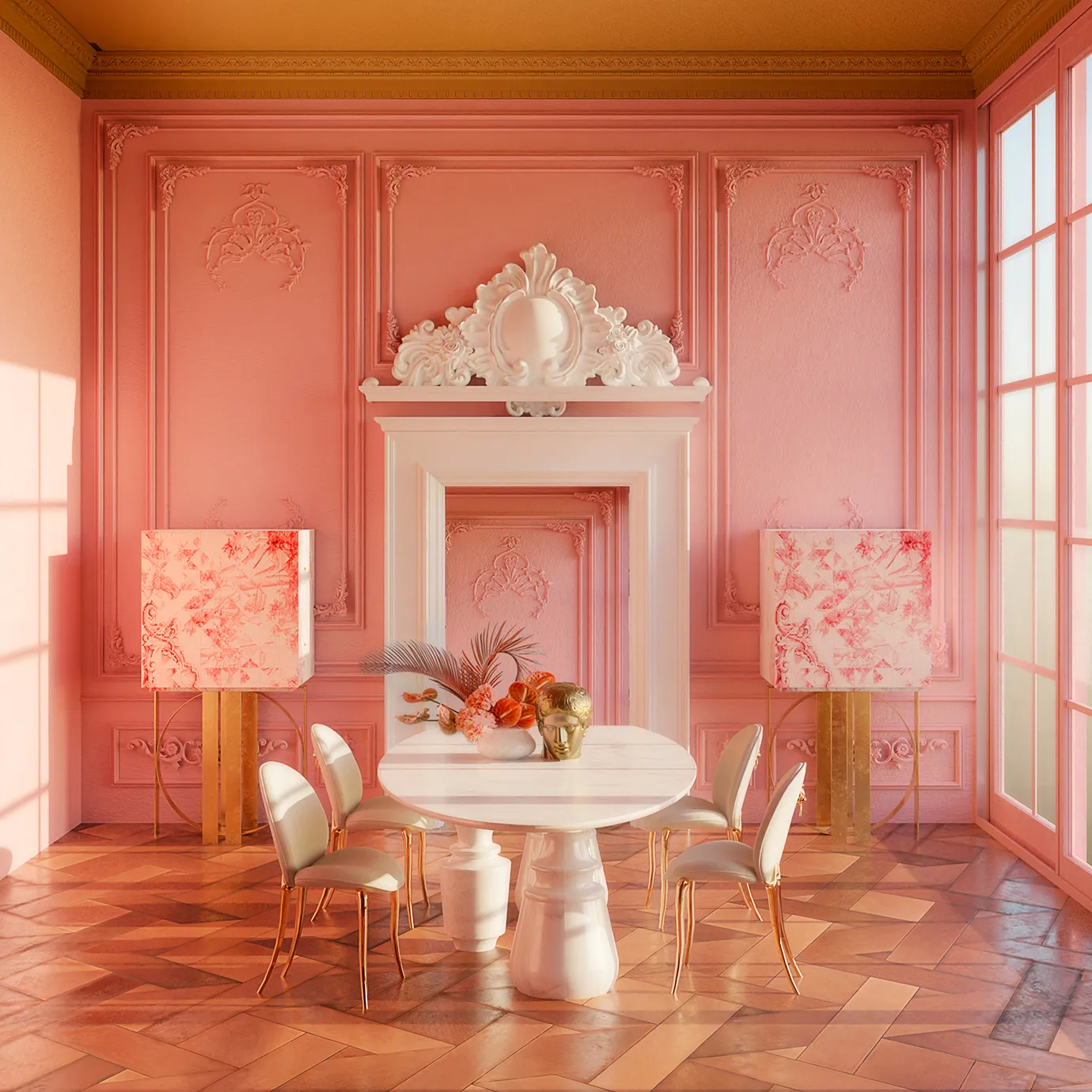 Pietra Oval XL Estremoz Dining Table in a charming pink dining room with ornate walls and fireplace.