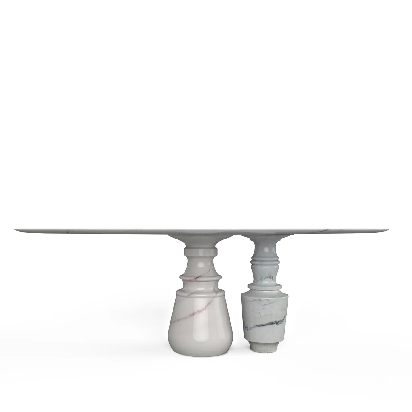 Pietra Estremoz dining table with white marble oval top and gold base, displayed on white background.