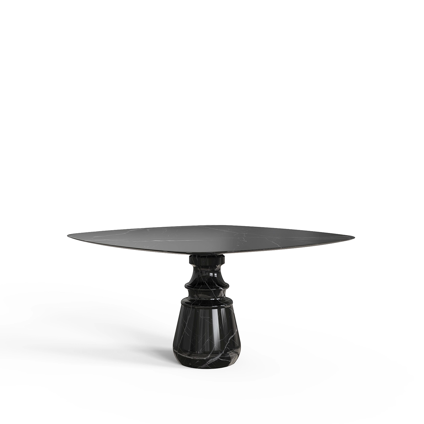 Luxurious Pietra Square Nero Marquina Dining Table with a sleek, dark marble top and base.