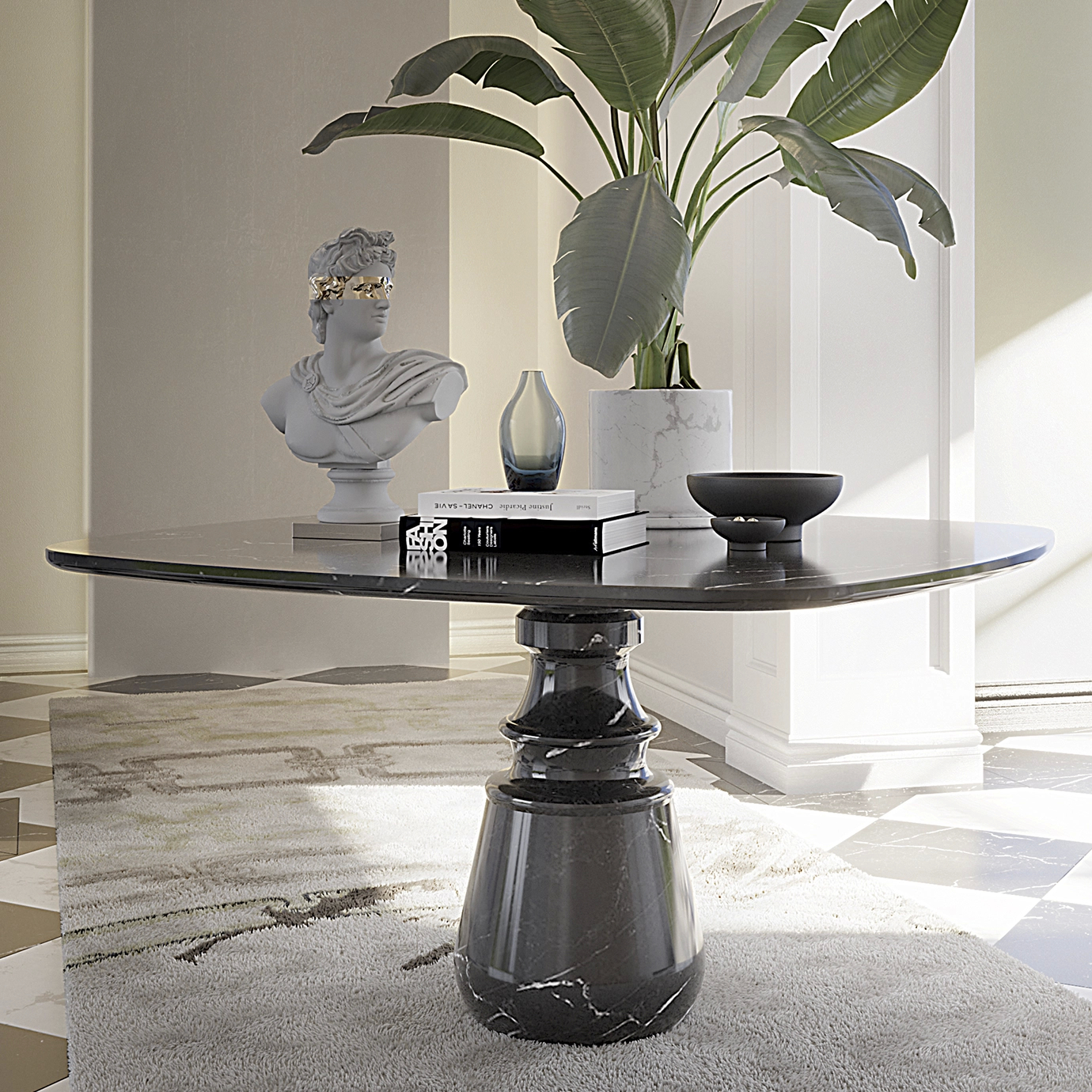 Luxurious Pietra Square Nero Marquina Dining Table with a sleek, dark marble design.