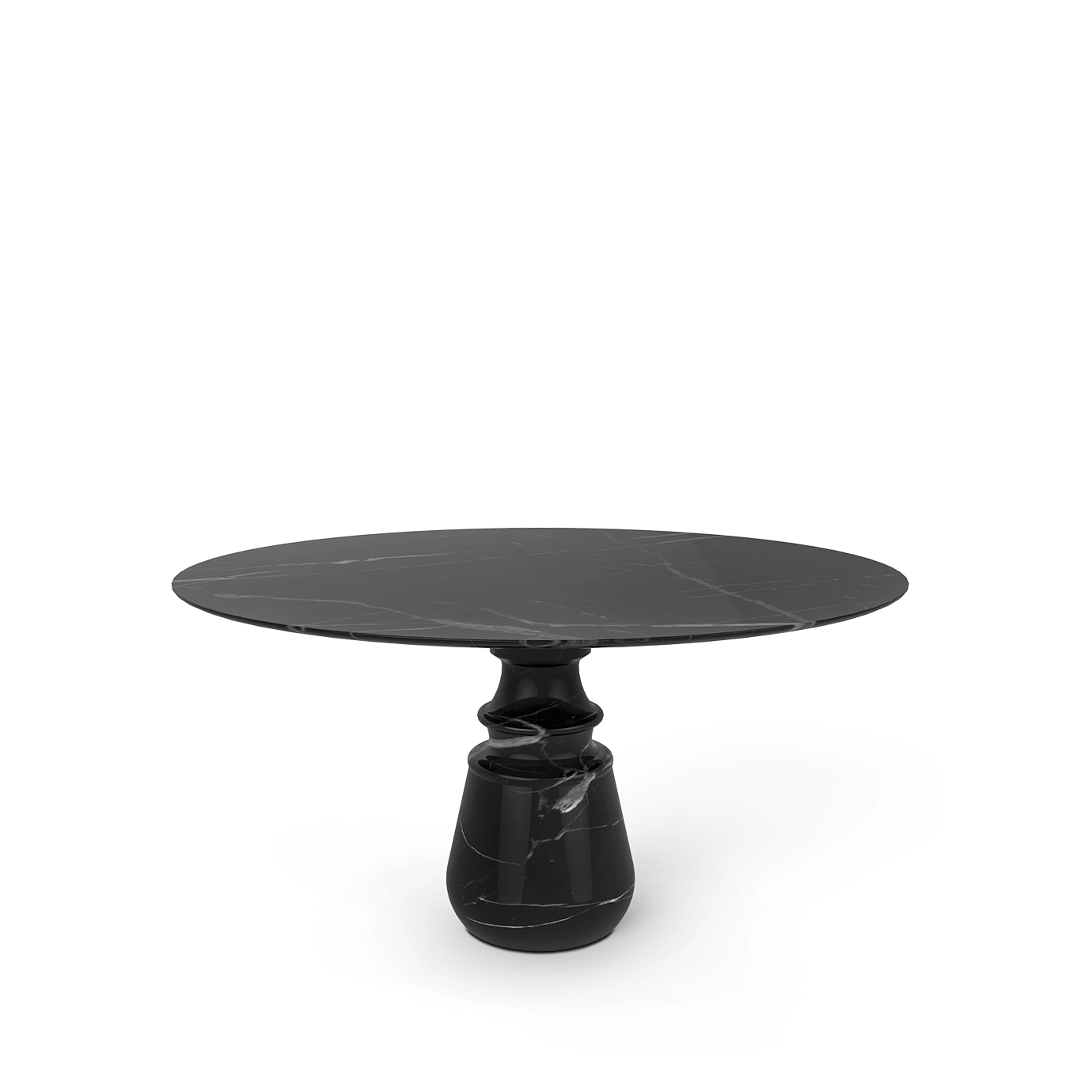 Luxurious Pietra Round Nero Marquina Dining Table with a sleek, dark marble top and base.
