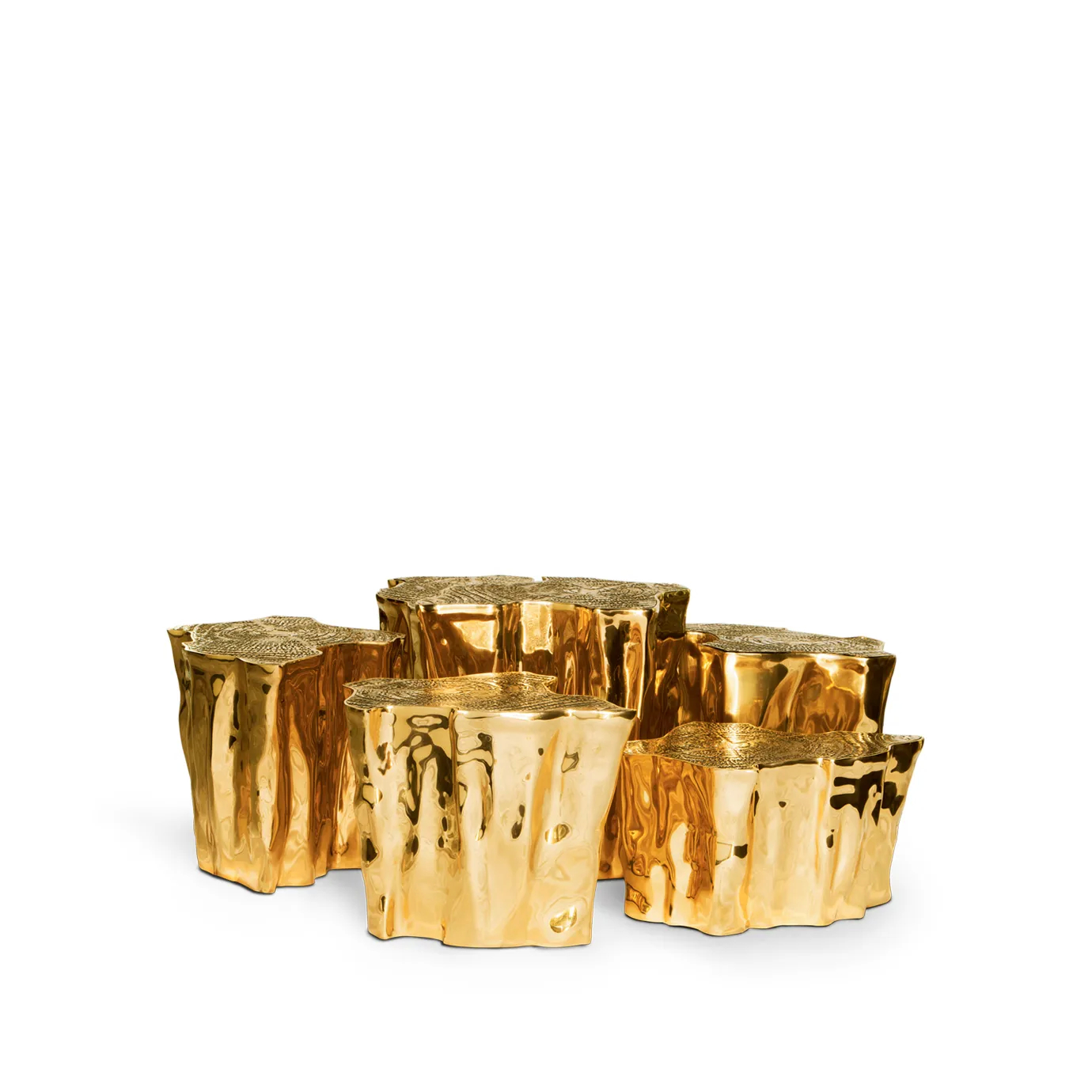 Luxurious Eden Center Table set, showcasing its unique, high-shine golden tree trunk design.