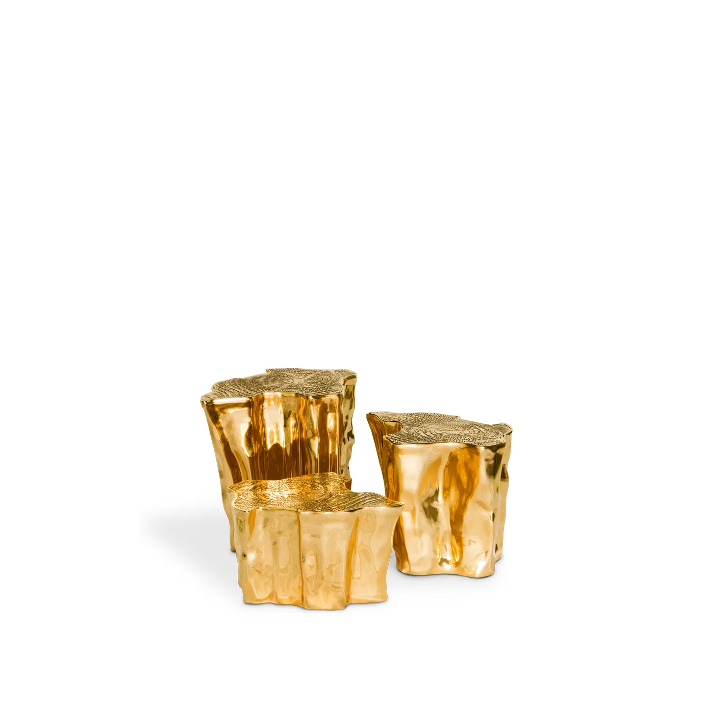 Luxurious Eden Center Table set, showcasing its unique, high-shine golden tree trunk design.