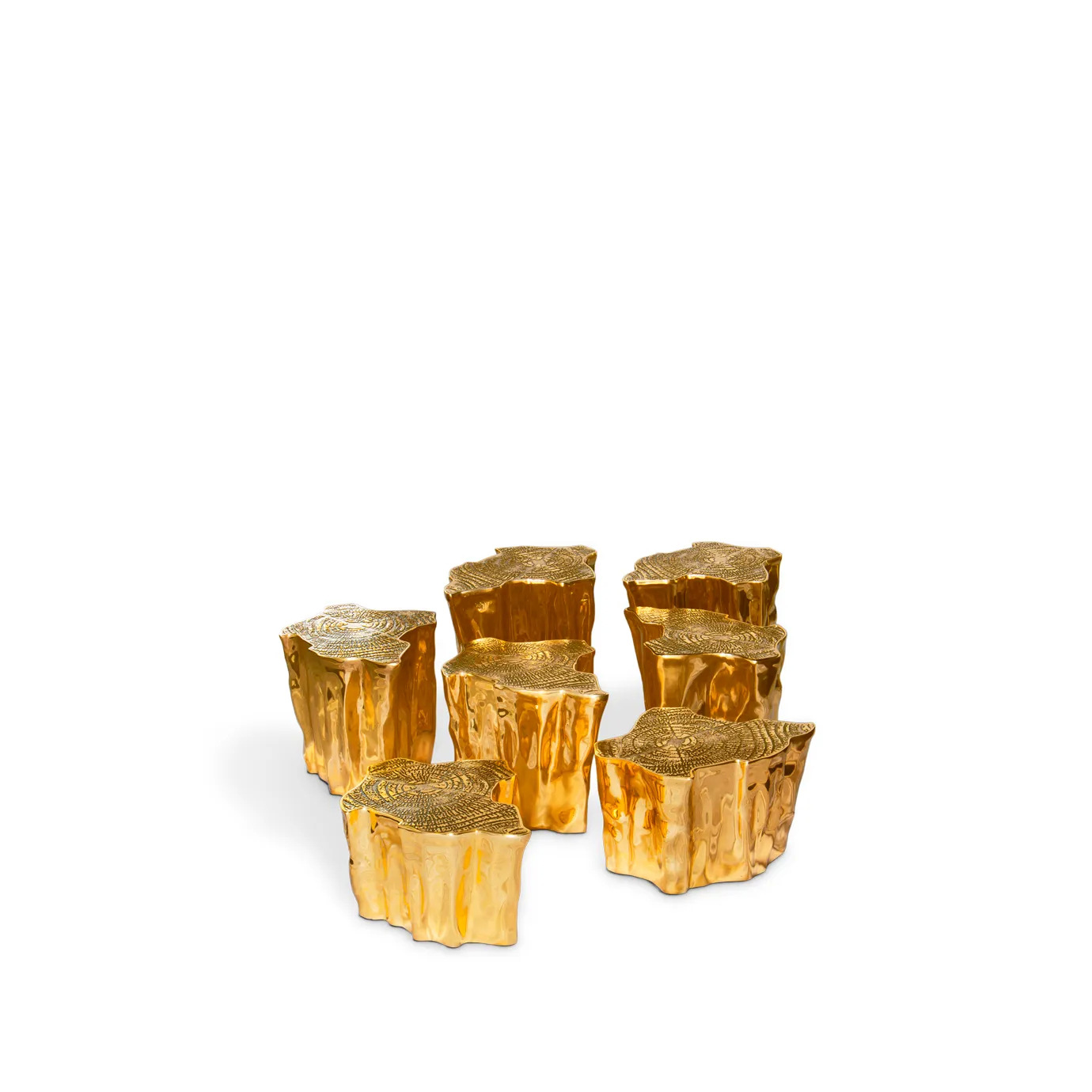 Luxurious Eden Center Table set, showcasing its unique, high-shine golden tree trunk design.