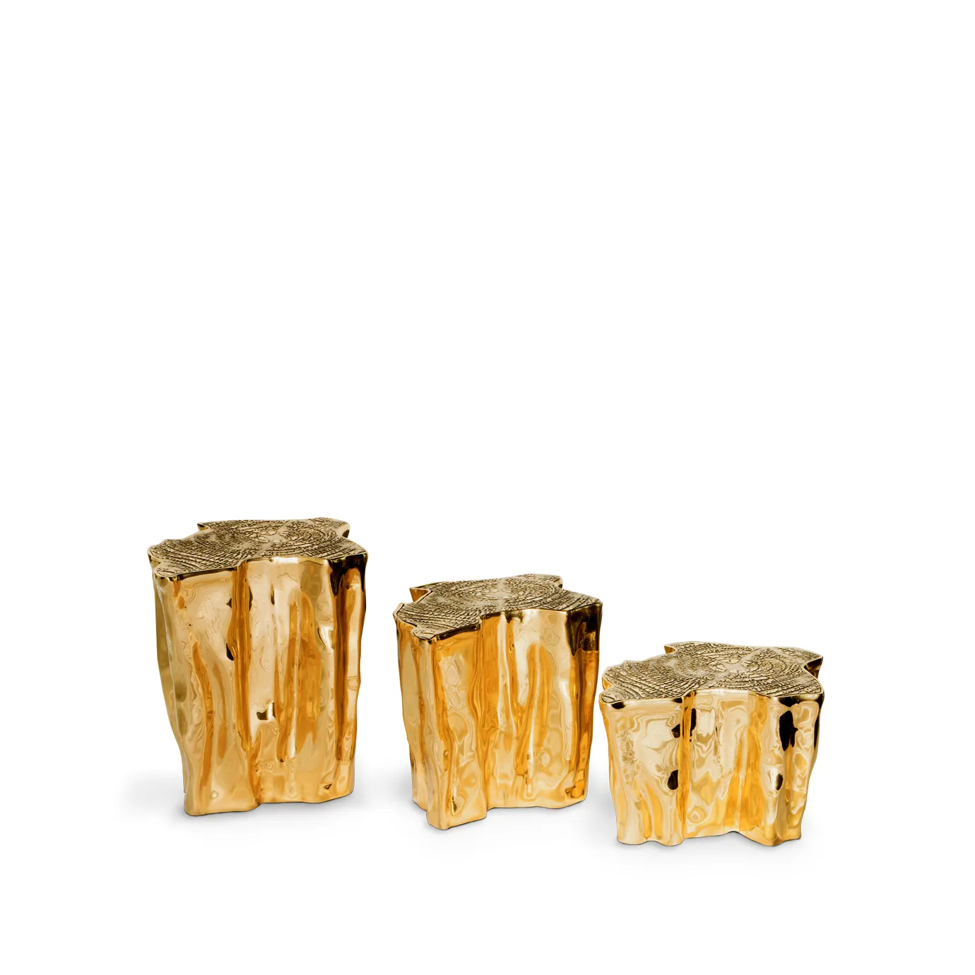 Luxurious Eden Center Table set, showcasing its unique, high-shine golden tree trunk design.