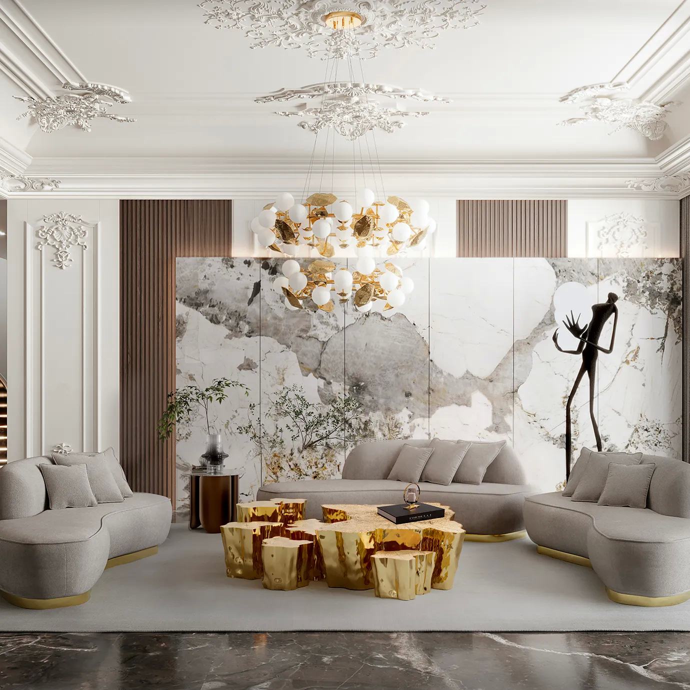 Luxurious living room featuring the Boca do Lobo Eden Gold Center Table set.