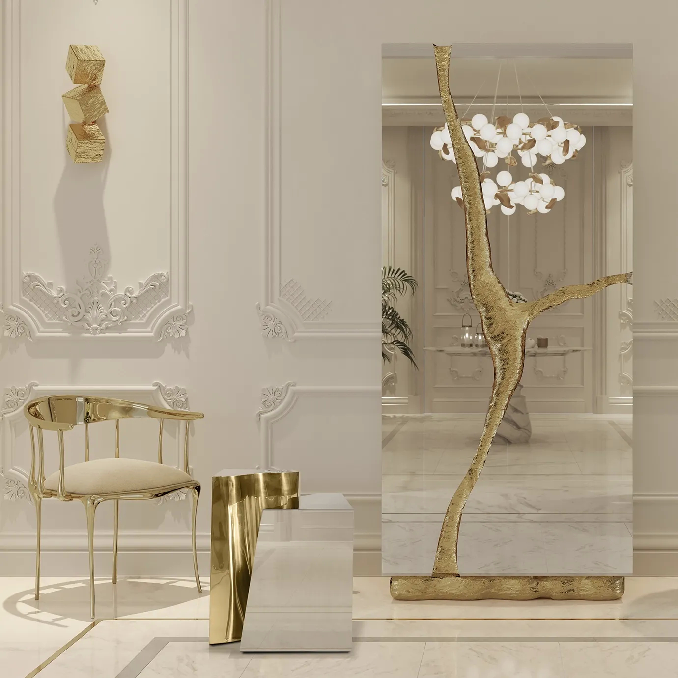 Cubic Big Sconce mounted on a wall in a contemporary living space, adding bold geometric lighting and modern elegance to the minimalist interior design