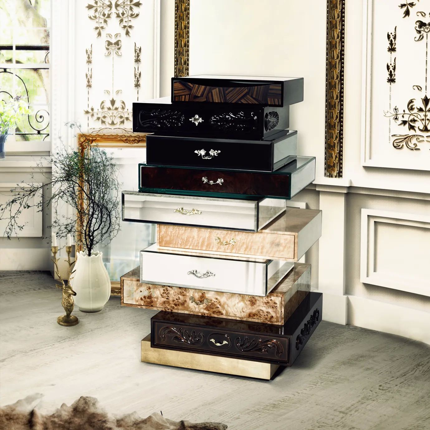 Modern dark wood chest with open drawers, revealing smooth interior compartments and showcasing minimalist design in a contemporary setting