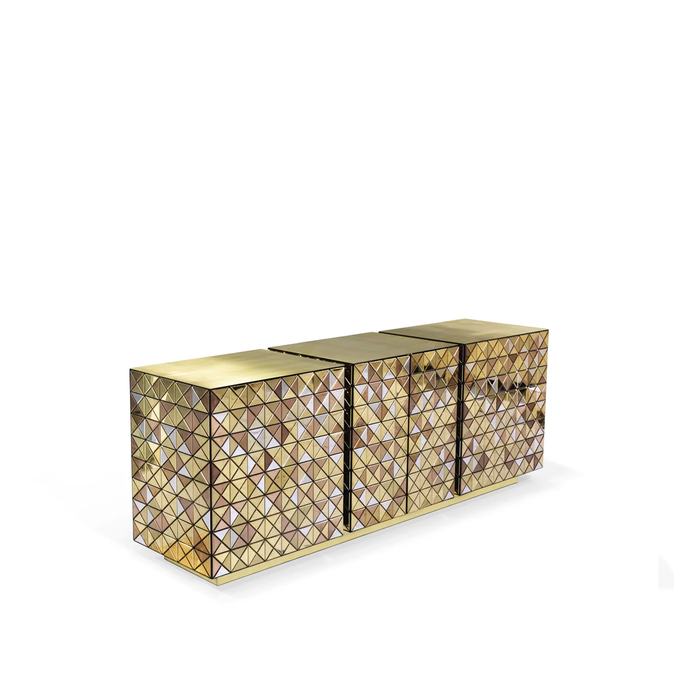 A luxurious double-sided sideboard with anodized aluminum panels, black lacquered drawers, and brass details.