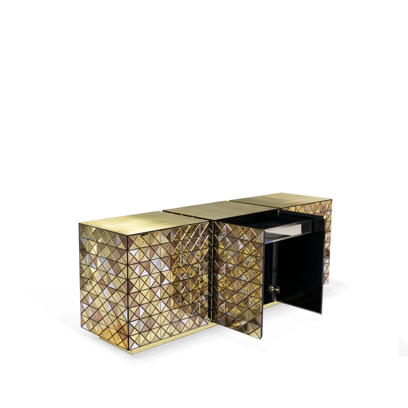 Open doors of a sideboard showcasing anodized aluminum triangle panels in gold, copper, and silver tones.