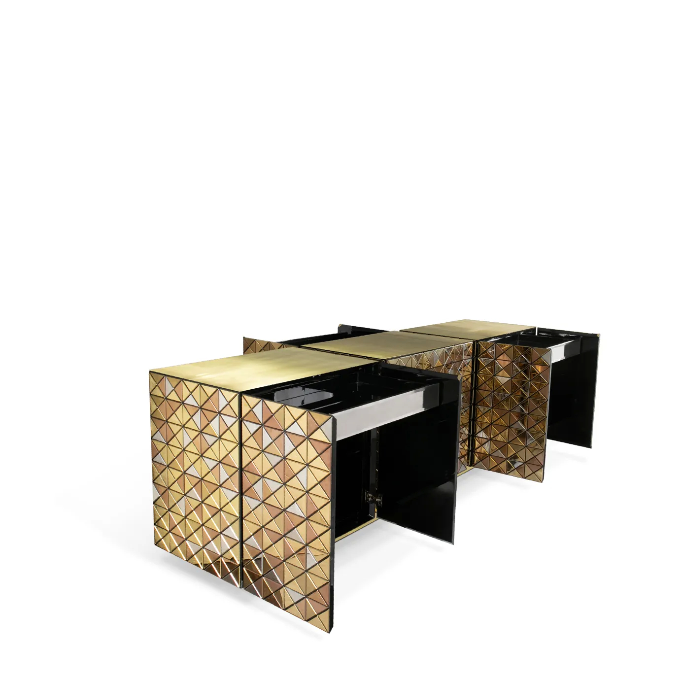 Modern dark wood sideboard with open doors and drawers showcasing internal compartments and minimalist design