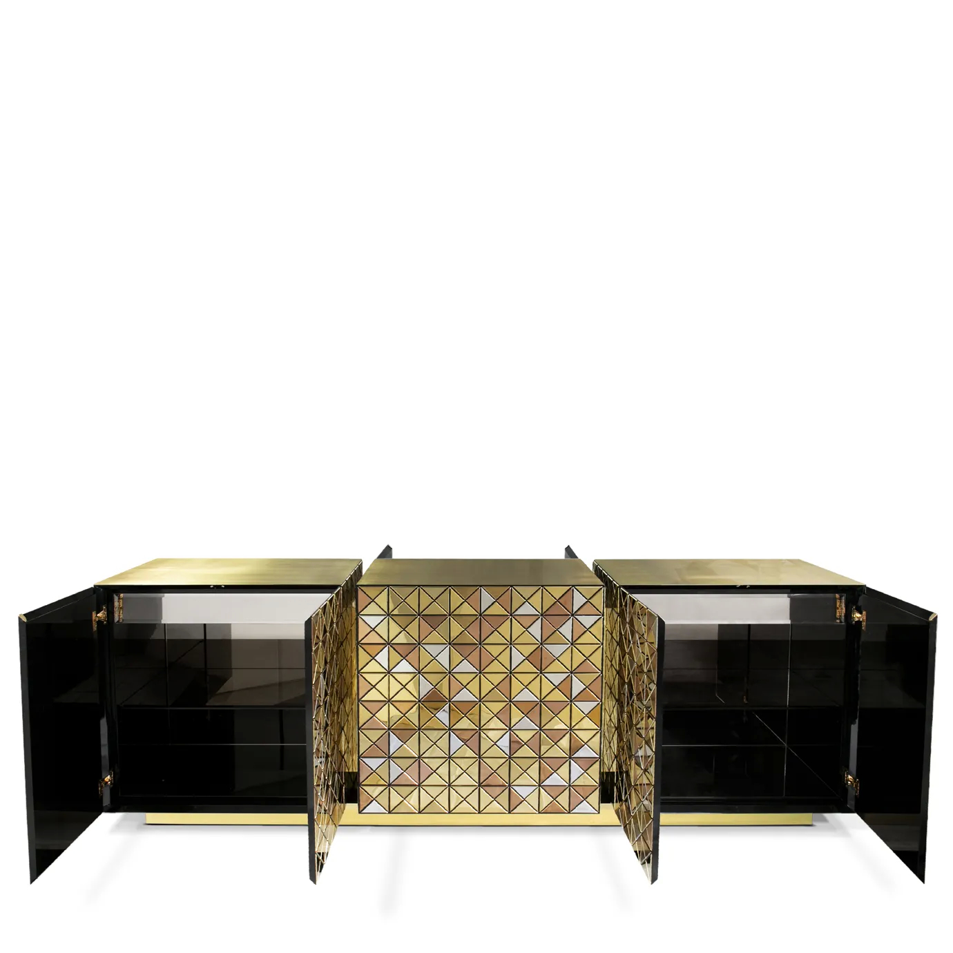 Modern dark wood sideboard, front view with open doors and drawers revealing interior storage compartments and minimalist design