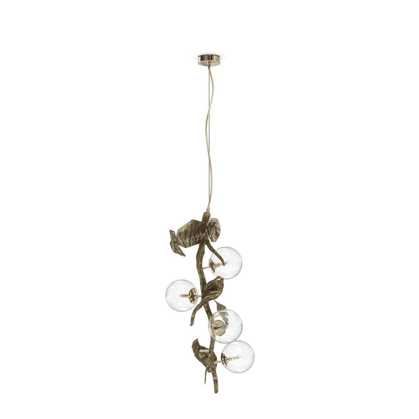 Golden pendant light with overlapping leaf details, casting a soft and sophisticated ambient light.