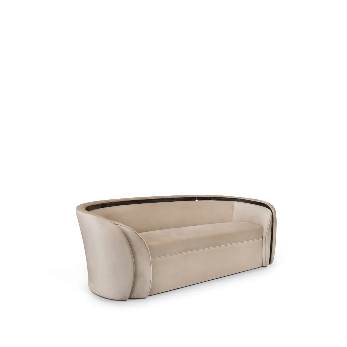 45º view of Sultana sofa, highlighting its luxurious upholstery, elegant curves, and tufted design details.