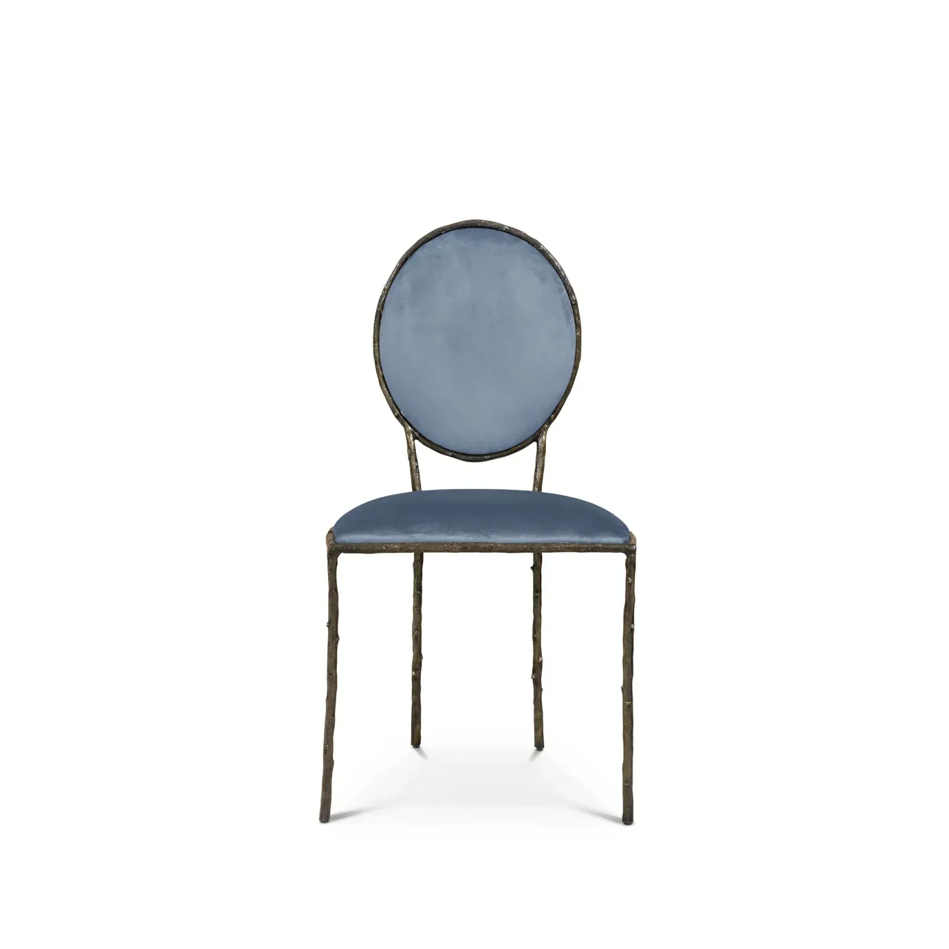 Showcasing its elegant aged brass frame that resembles branches, the Enchanted Dining Chair features a glamourous blue upholstery.