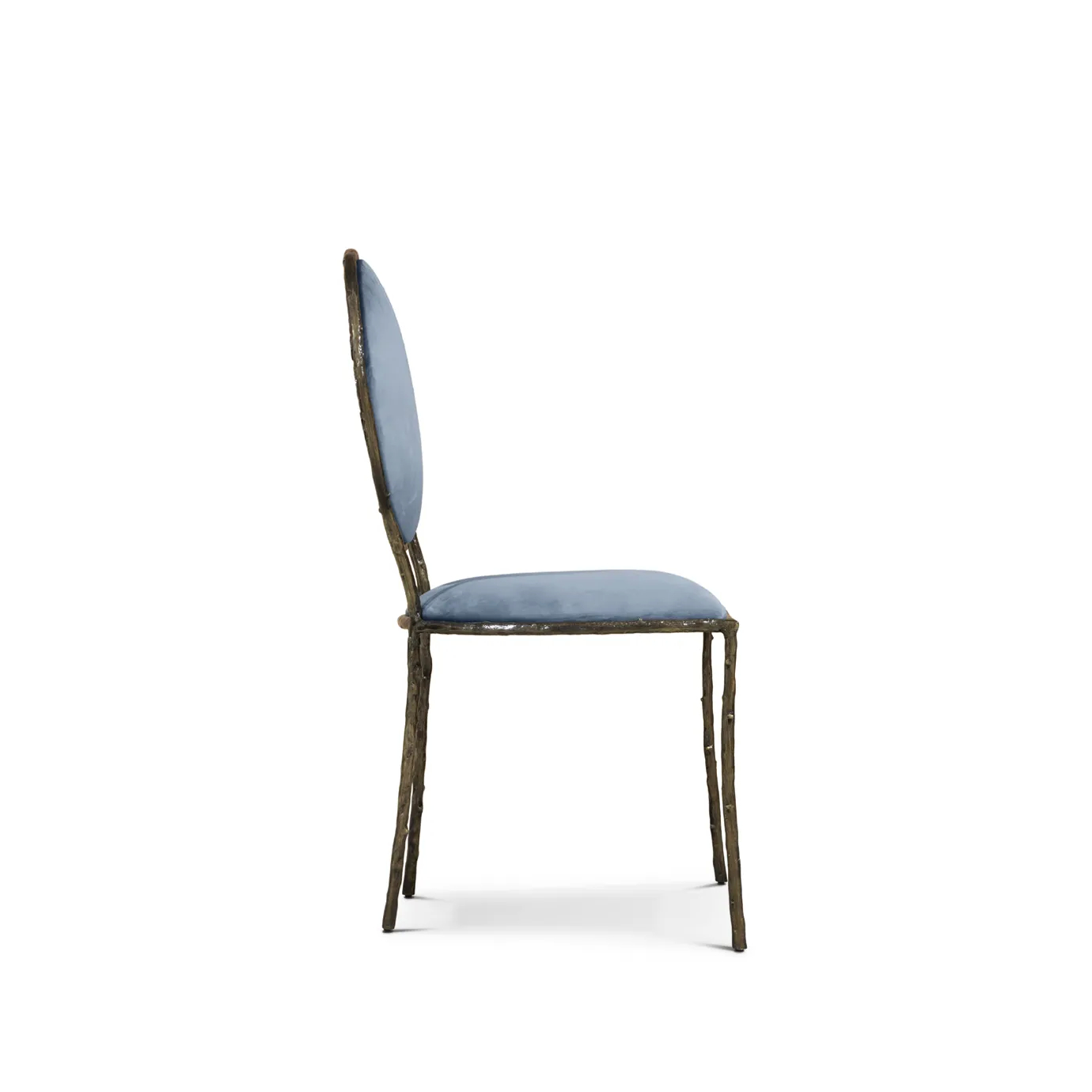 Enchanted Dining Chair: side view of the dining chair, featuring an elegant backrest resembling branches and a luxurious blue upholstery.