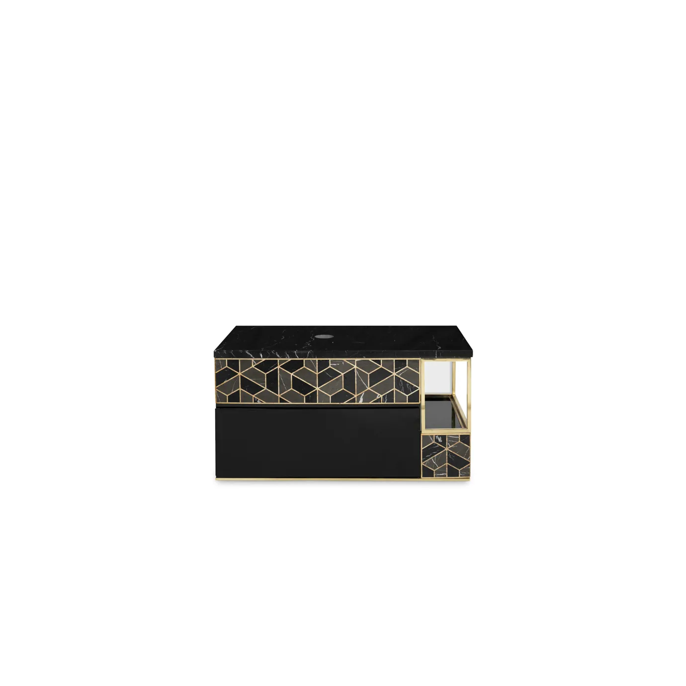 Front view of Tortoise suspension cabinet with elegant tortoiseshell design and sleek gold frame.