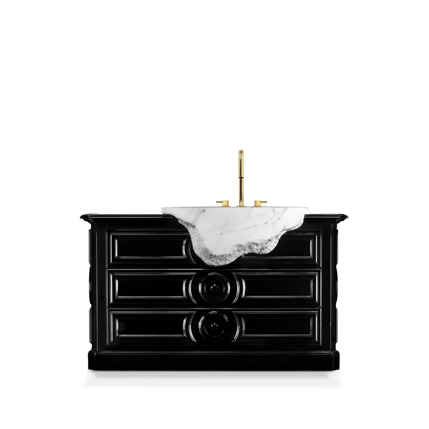 Front view of Petra vanity cabinet with sleek black finish, gold accents, and elegant mirrored drawers.