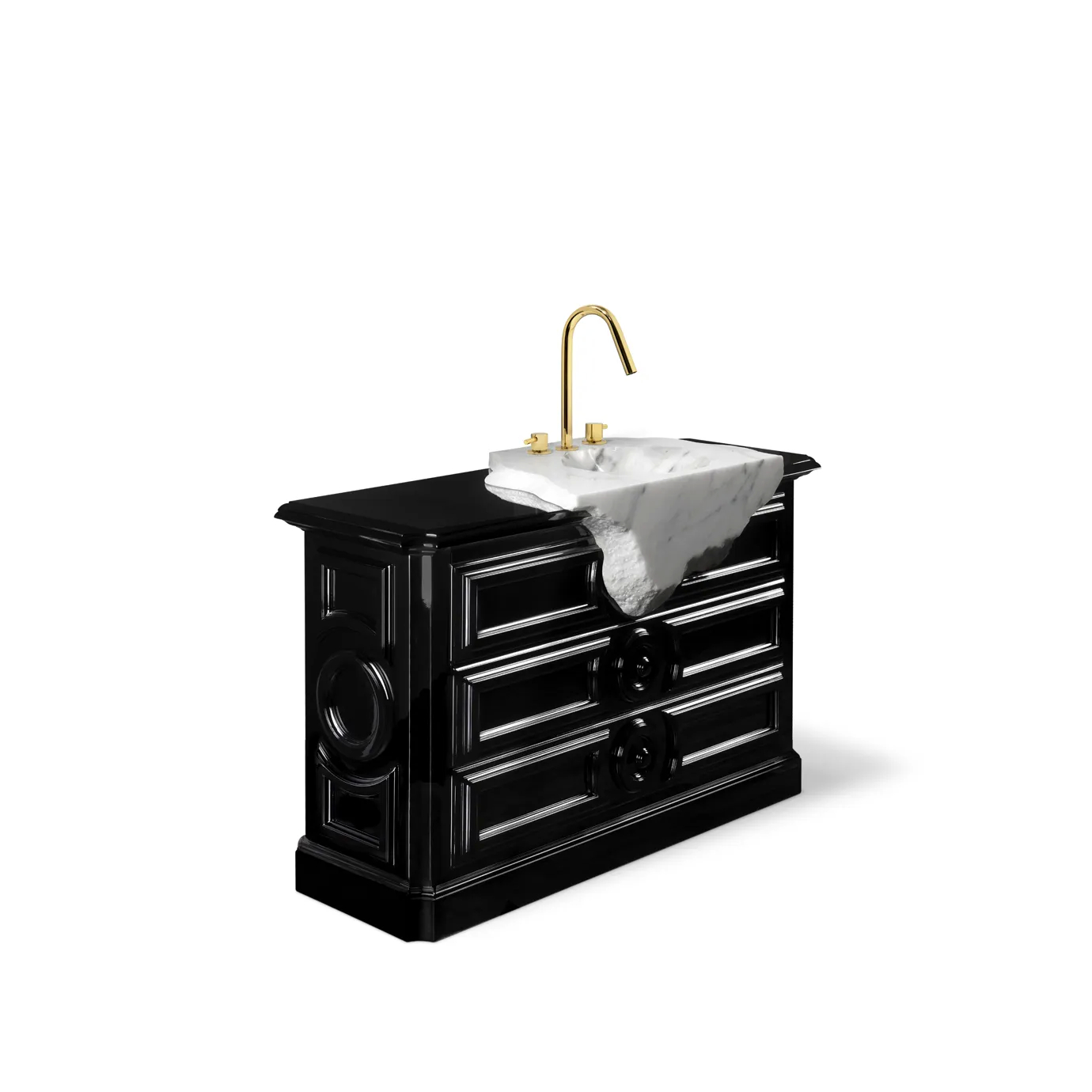 Side view of Petra vanity cabinet featuring a sleek black finish, gold accents, and mirrored drawers.