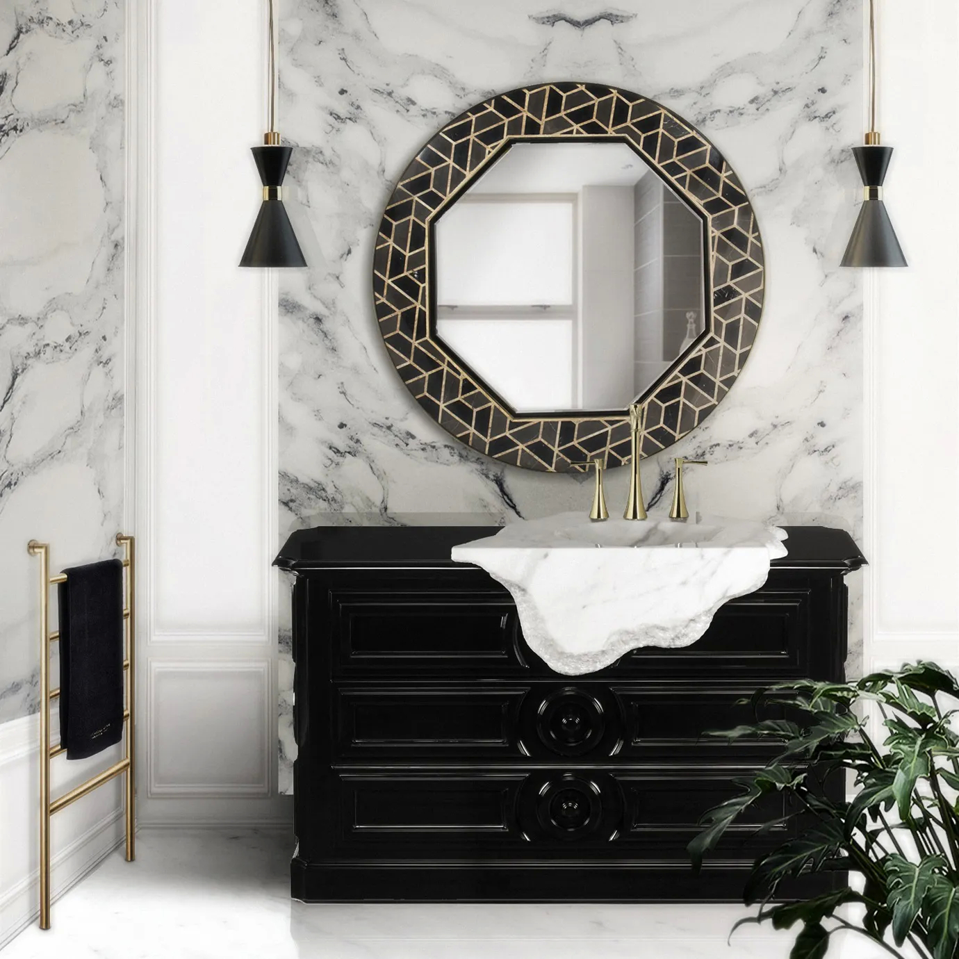 Petra vanity cabinet with black finish and gold accents, styled in a luxurious bathroom with elegant decor.