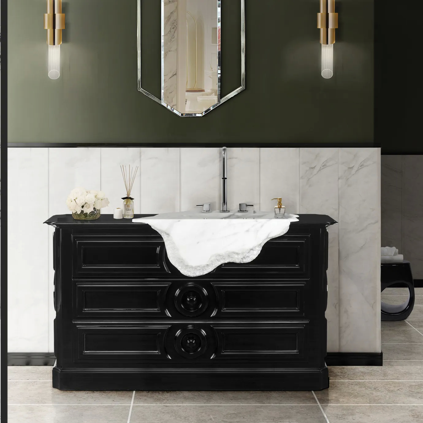 Petra vanity cabinet with black finish and gold accents, featured in a stylish, modern bathroom setting.