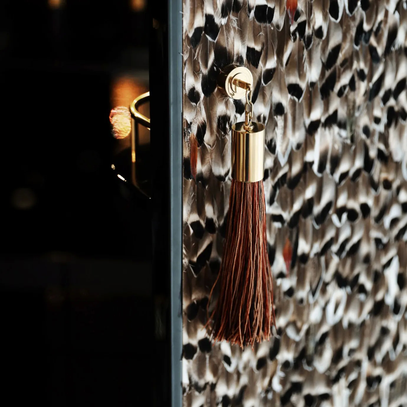 Detail of Temptation bar cabinet by KOKET, polished brass detail and tassel on the closed Folie Feathers door, dark interior.