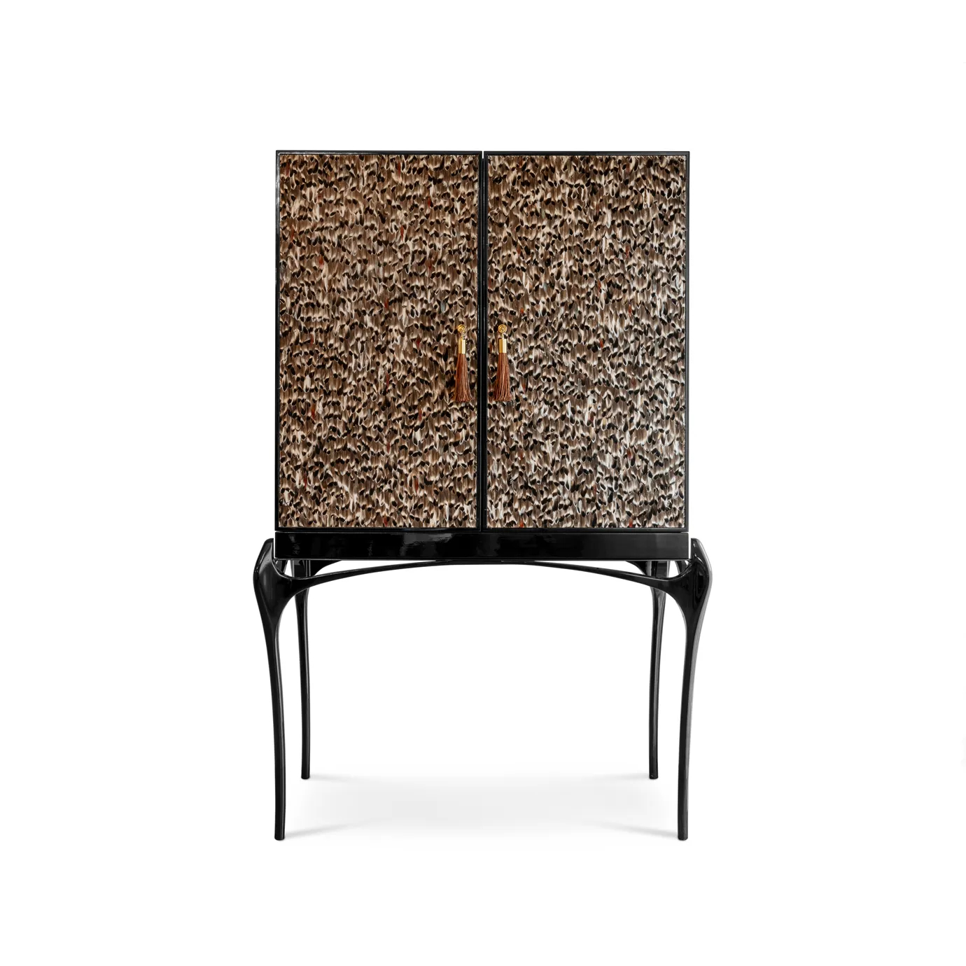 Temptation bar cabinet by KOKET, Folie Feathers doors, polished brass details with tassels, on black lacquer legs, front.