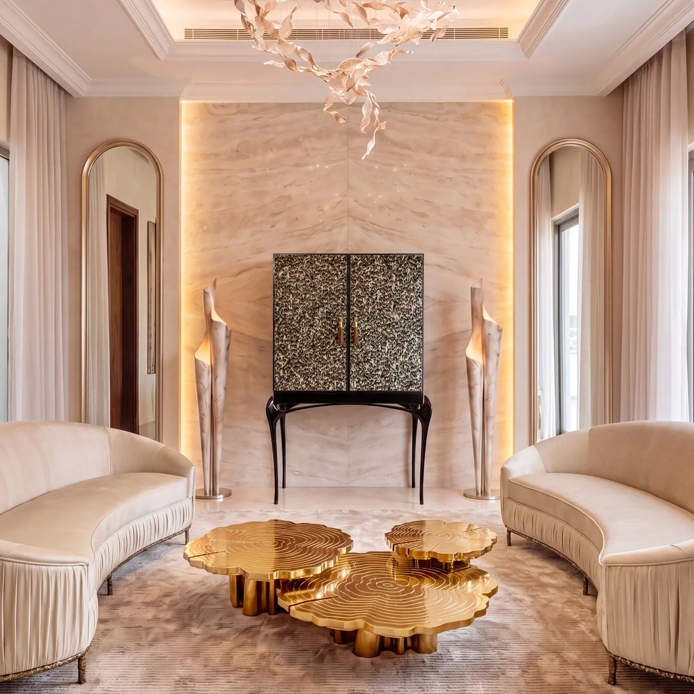 Temptation Folie Feather bar cabinet by KOKET as the centerpiece of an onyx-walled room under a feather chandelier.