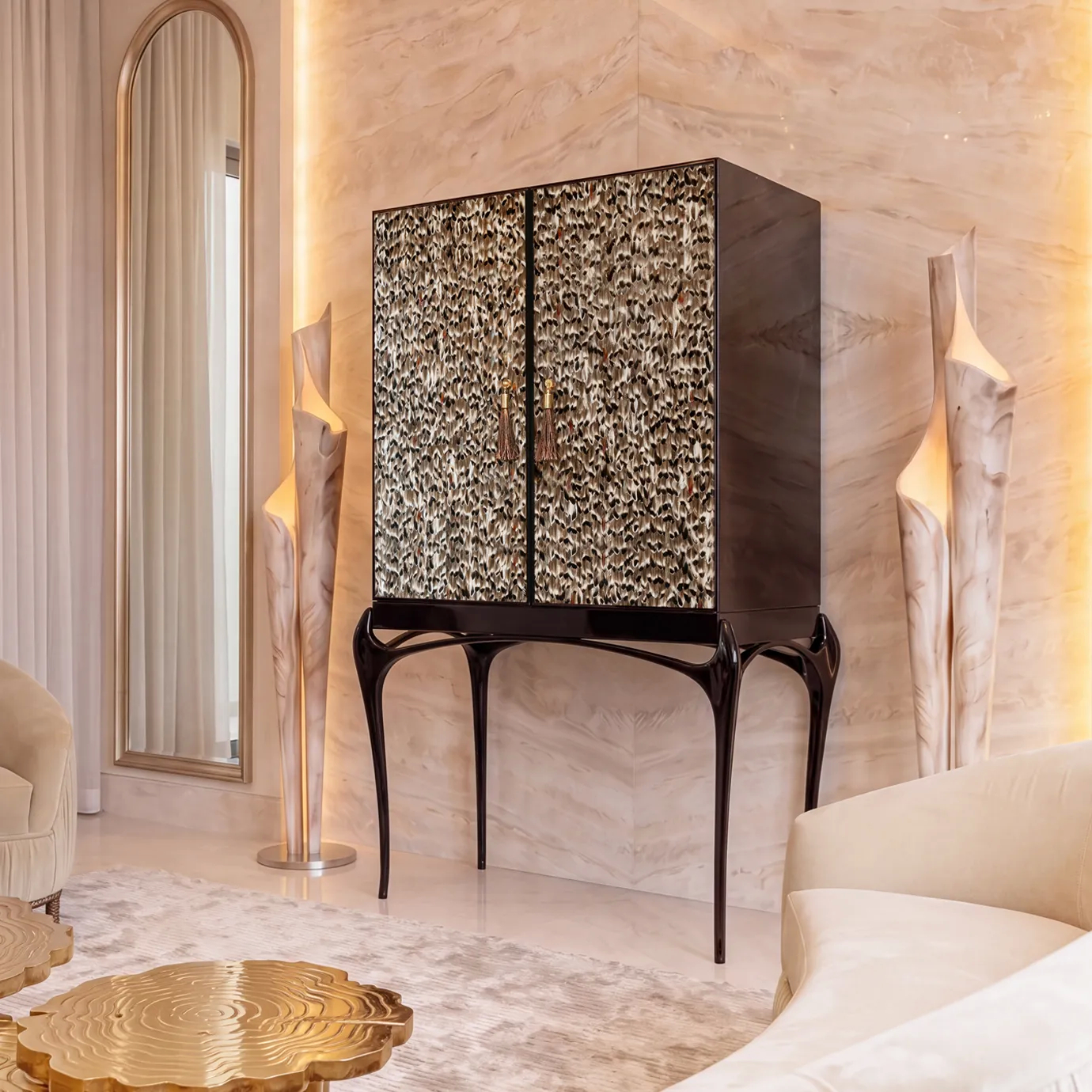 Temptation bar cabinet by KOKET at an angle in an onyx-walled interior, Folie Feathers doors and black lacquer legs.