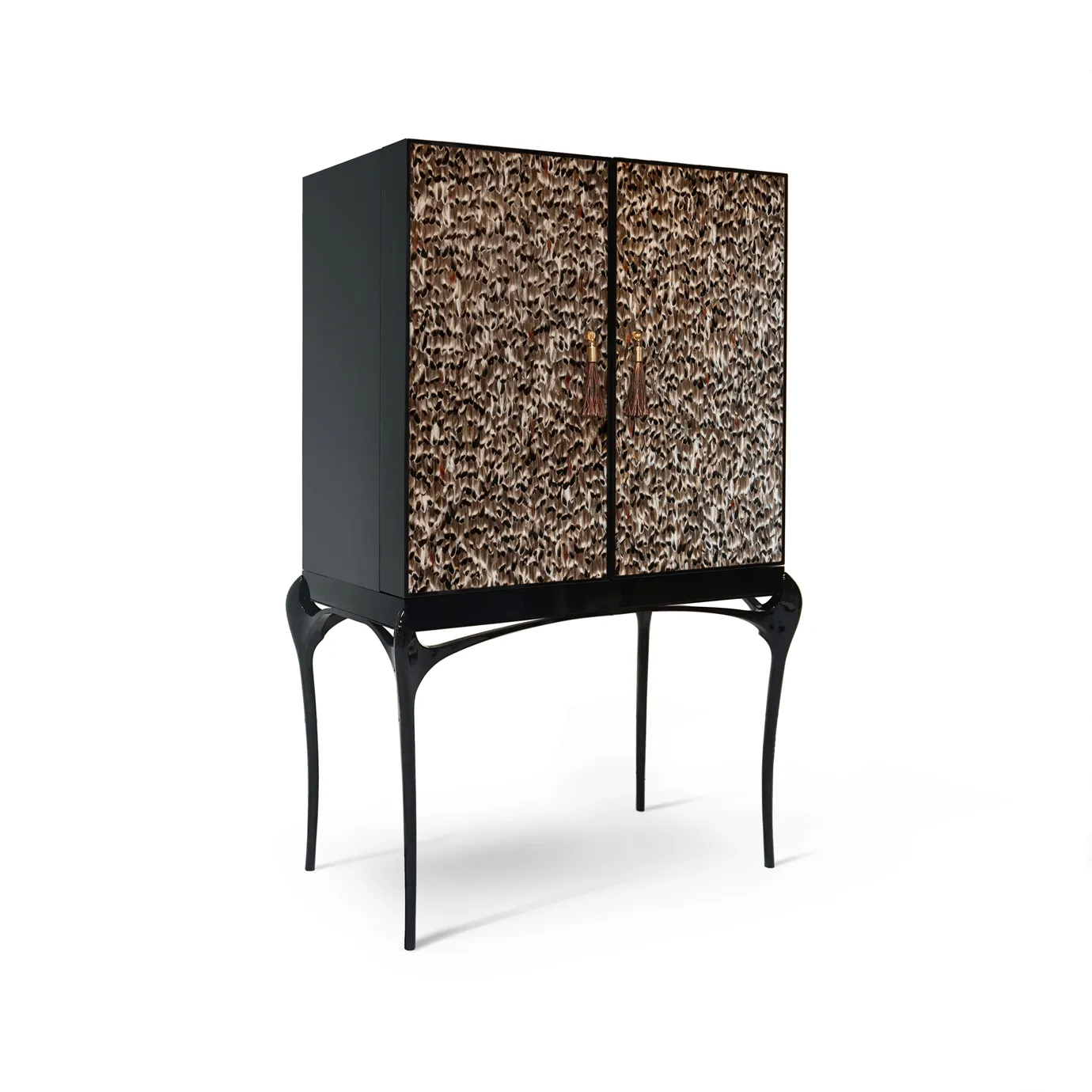 Temptation bar cabinet by KOKET at an angle, Folie Feathers doors, polished brass details with tassels, black lacquer legs.