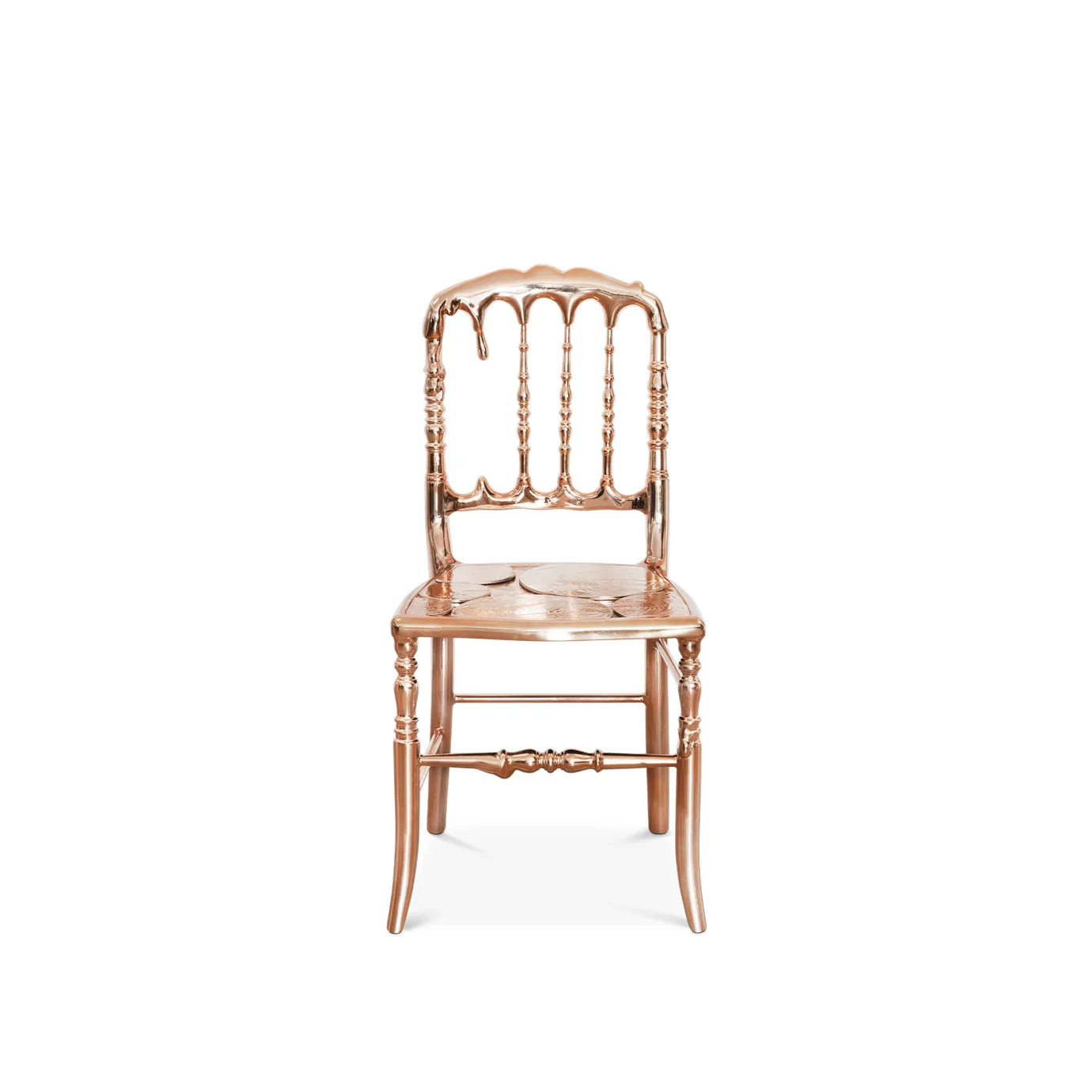 Sophisticated copper chair with a sleek design, featuring a curved backrest and luxurious finish.