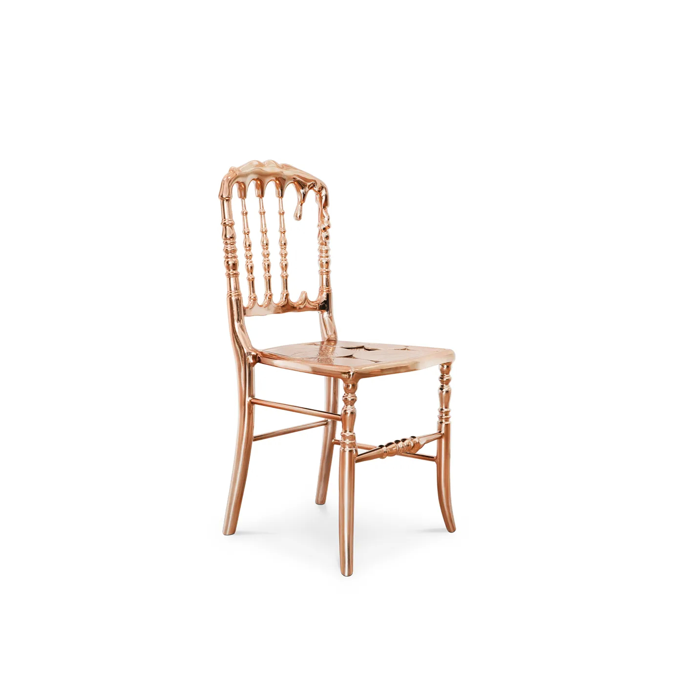Chic copper chair with a sleek, modern design and a stylish, curved backrest for elegance.