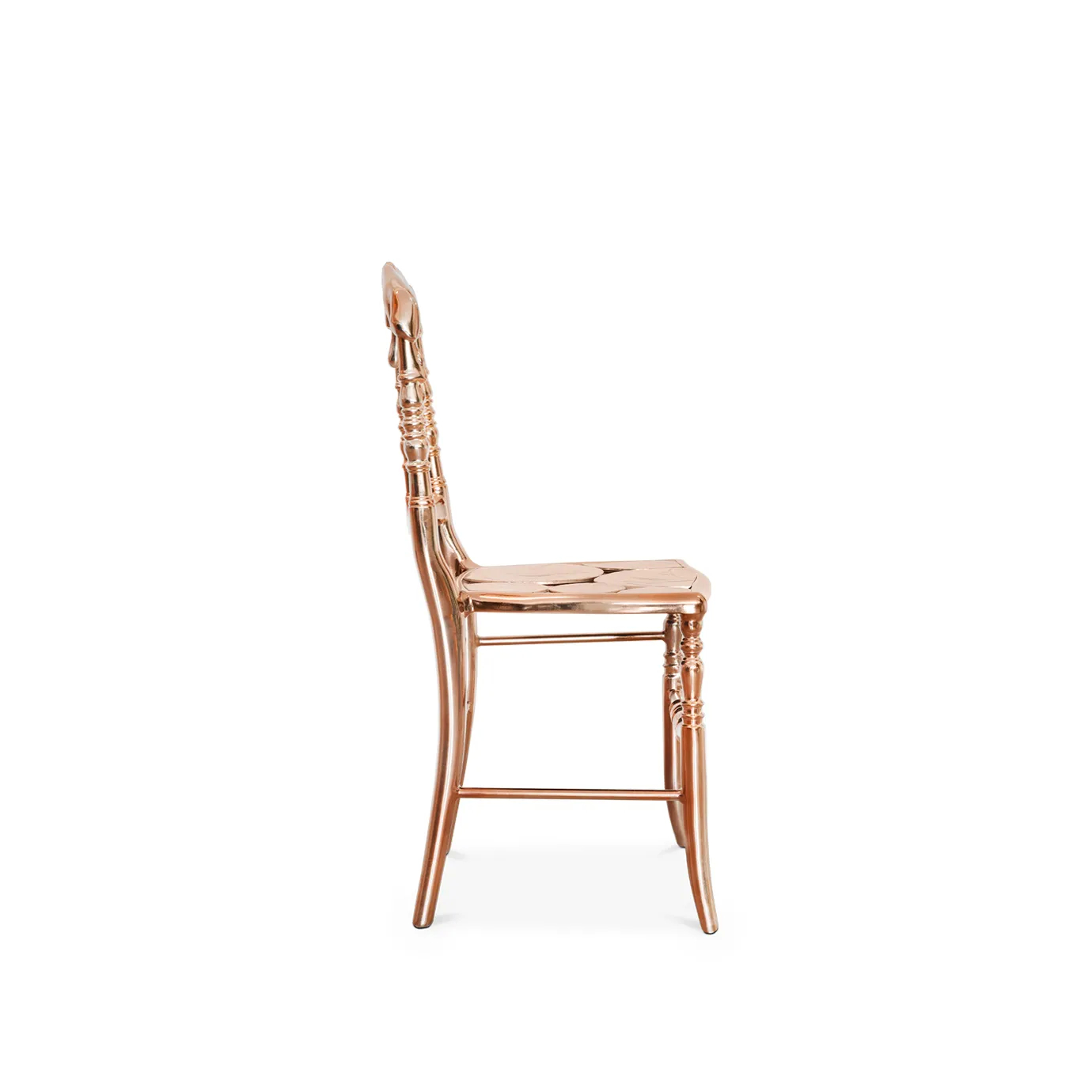 Elegant copper chair with a contemporary design, featuring a curved backrest and luxurious finish.