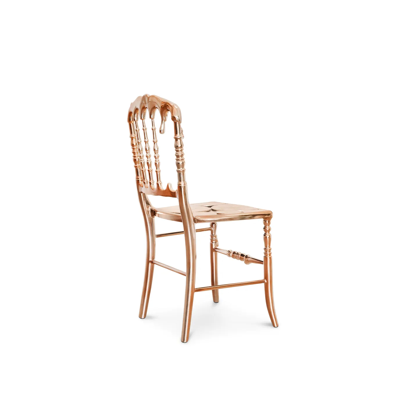 Stylish copper chair with a modern design, featuring a sleek, curved backrest and luxurious finish.
