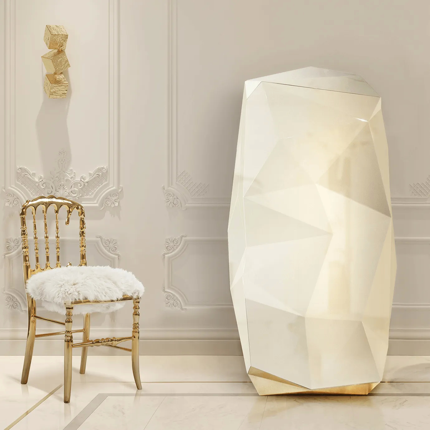 Luxurious fur chair with a soft, plush seat and a sleek, elegant frame for a sophisticated look.
