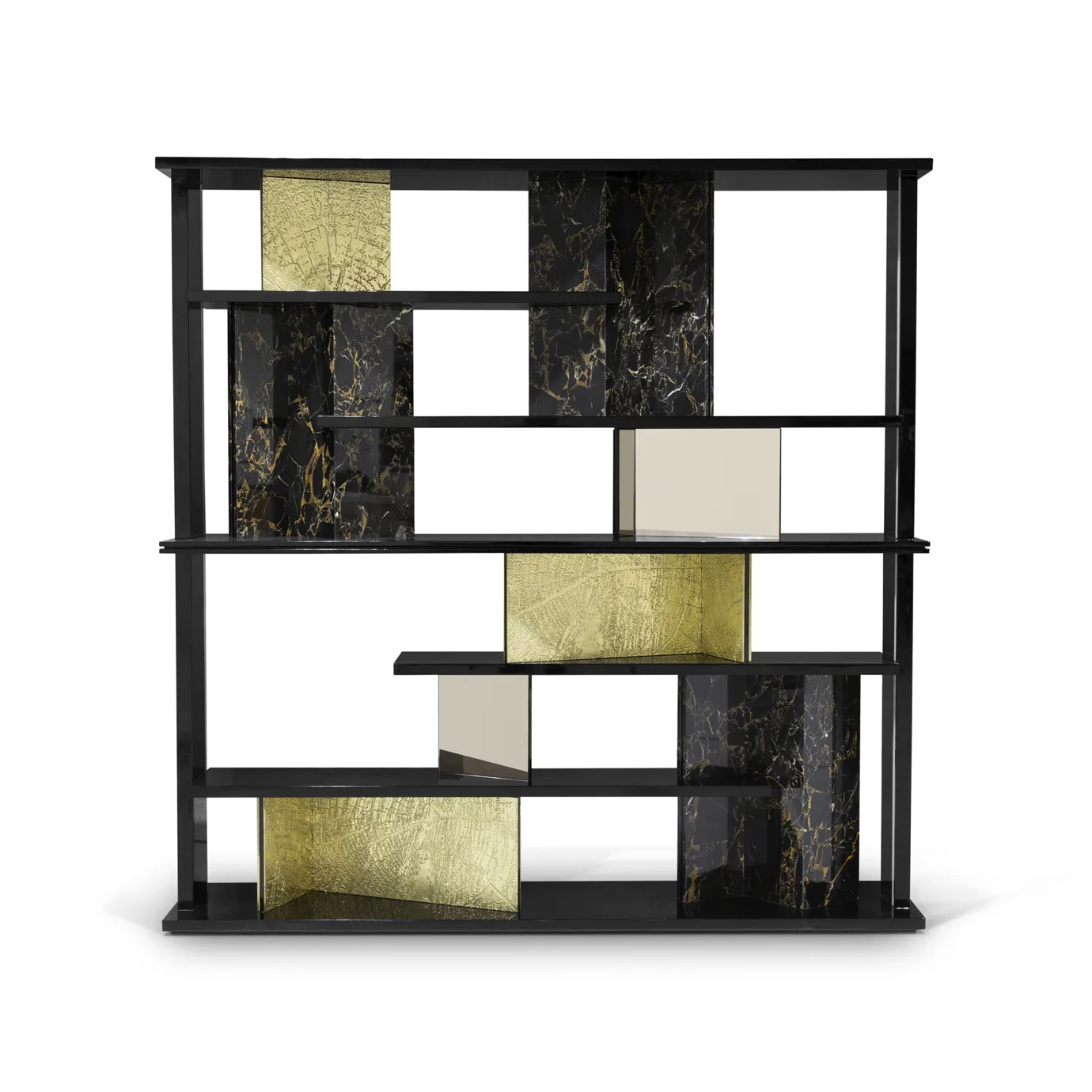 Modern bookcase with a geometric design, featuring gold accents and elegant wooden shelves.