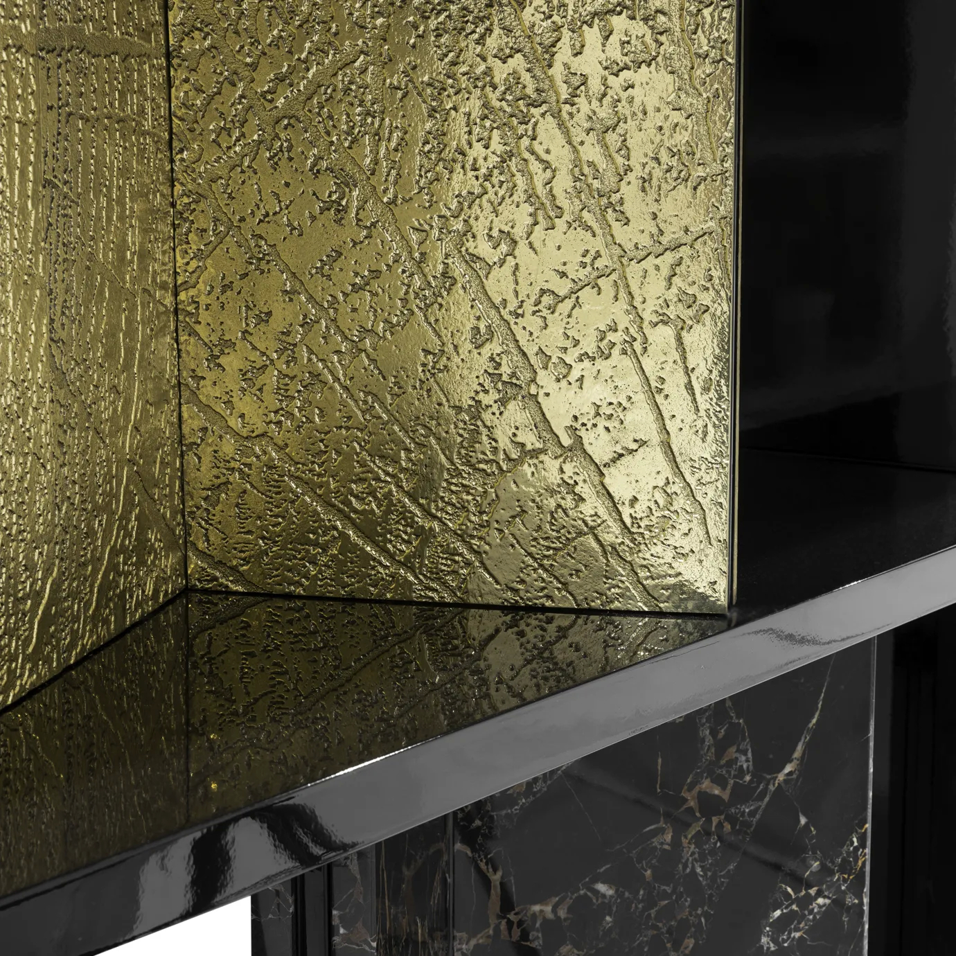 Stylish bookcase with a geometric metal frame, wooden shelves, and elegant gold accents.