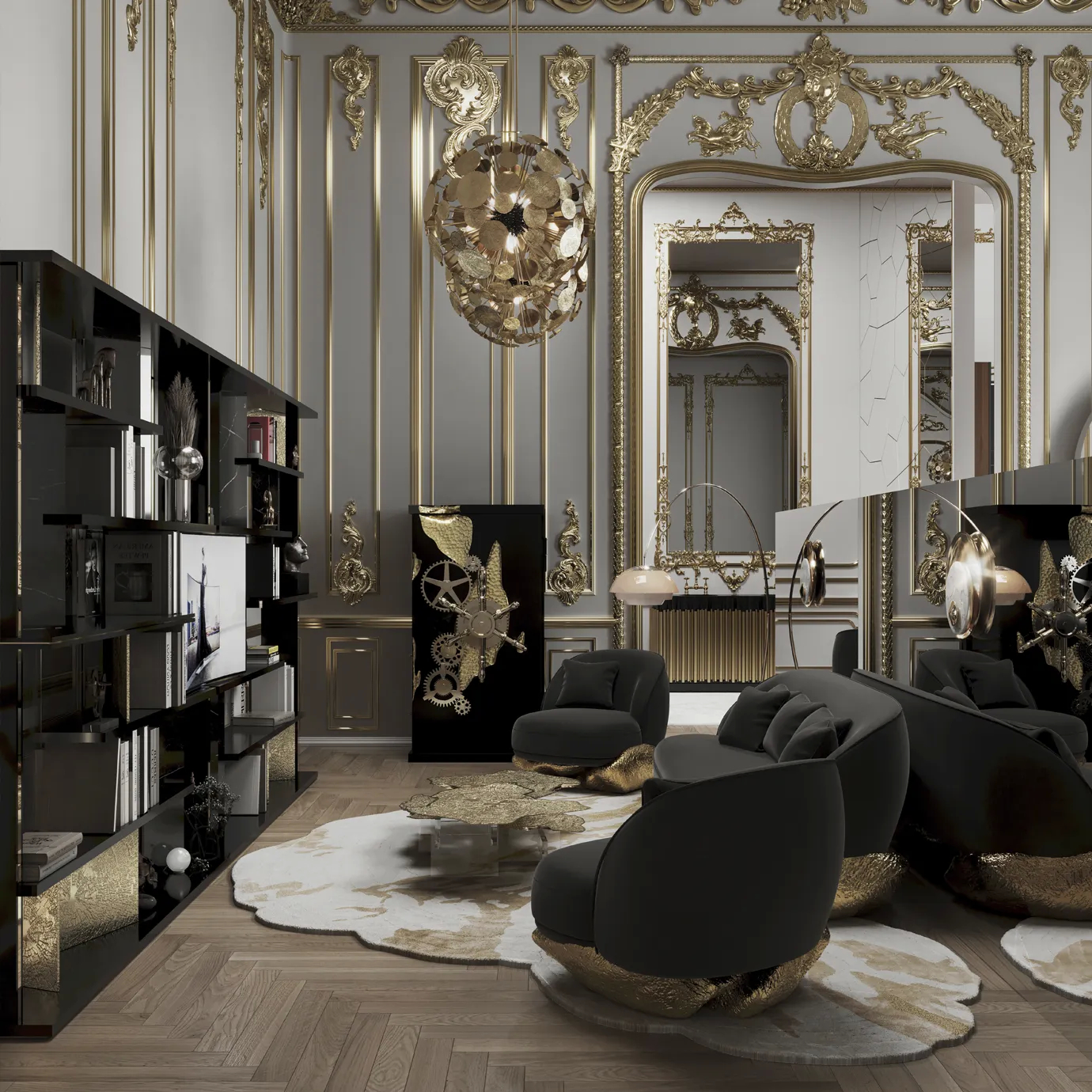 Chic bookcase with a geometric design, wooden shelves, and sophisticated gold accents.