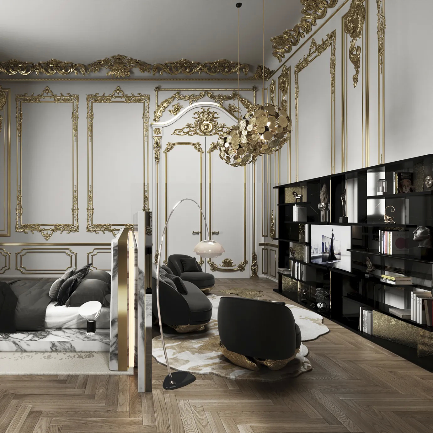 Modern bookcase with a striking geometric frame, wooden shelves, and luxurious gold detailing.