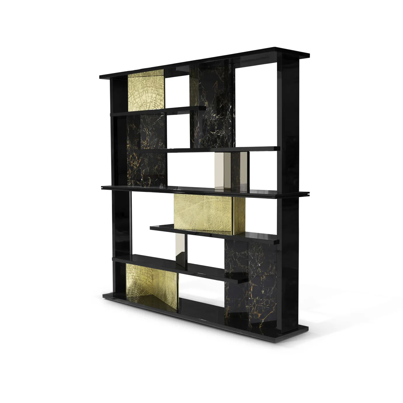 Chic bookcase with a bold geometric structure and luxurious gold detailing on wooden shelves.
