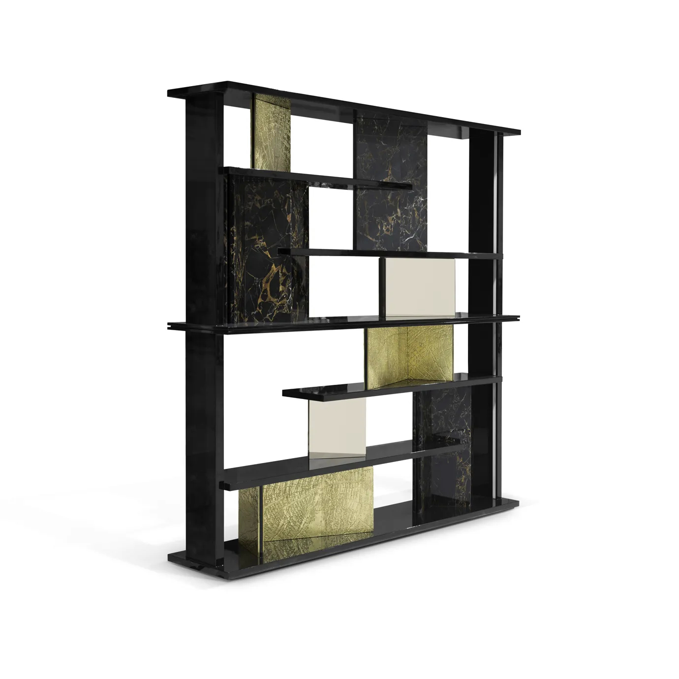 Elegant bookcase with a striking geometric design, featuring gold accents and sleek wooden shelves.