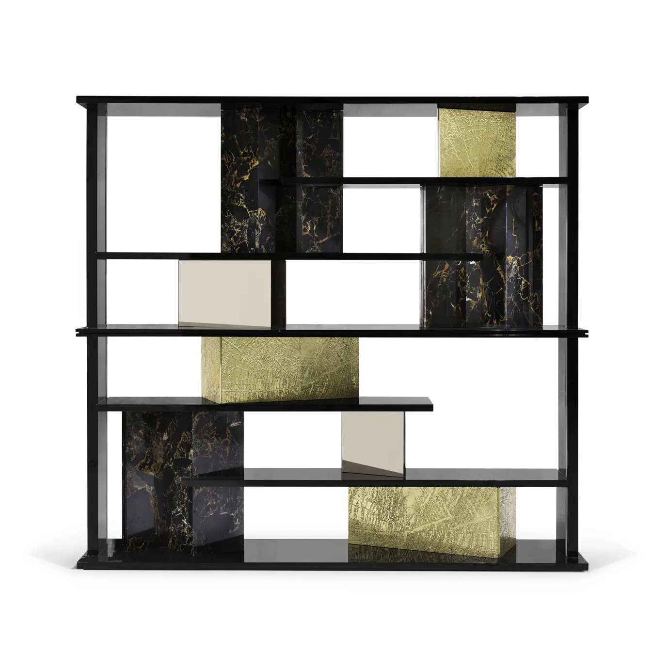 Stylish bookcase with a bold geometric design, featuring gold accents and elegant wooden shelves.