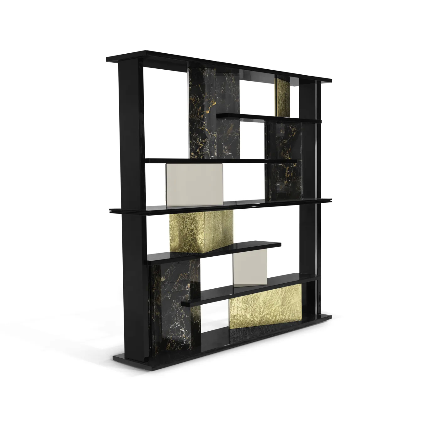 Luxurious bookcase with a geometric design, featuring rich wooden shelves and chic gold accents.